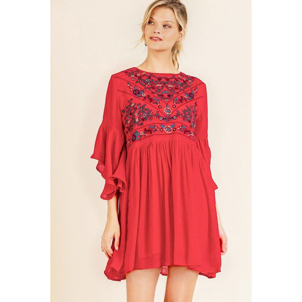 Umgee + Red Floral Embroidered Babydoll Flowy Boho Western Mini Dress 1XL